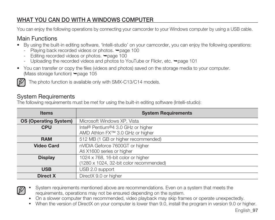What you can do with a windows computer, Main functions, System requirements | Samsung SMX-C10RN-XAC User Manual | Page 111 / 143