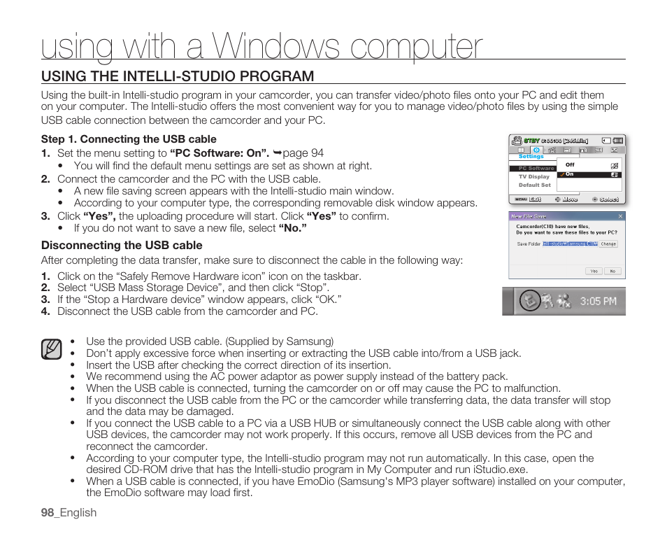 Using the intelli-studio program, Using with a windows computer | Samsung SMX-C10RN-XAC User Manual | Page 112 / 143