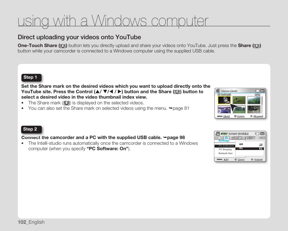 Using with a windows computer, Direct uploading your videos onto youtube | Samsung SMX-C10RN-XAC User Manual | Page 116 / 143