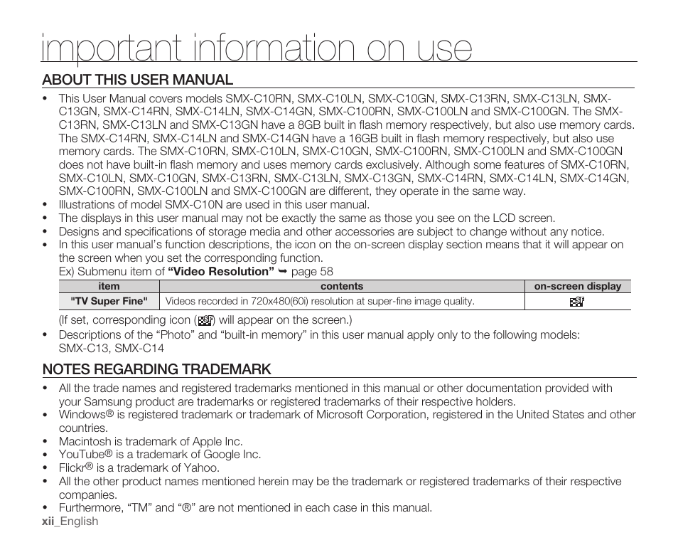 About this user manual, Notes regarding trademark, Important information on use | Samsung SMX-C10RN-XAC User Manual | Page 12 / 143