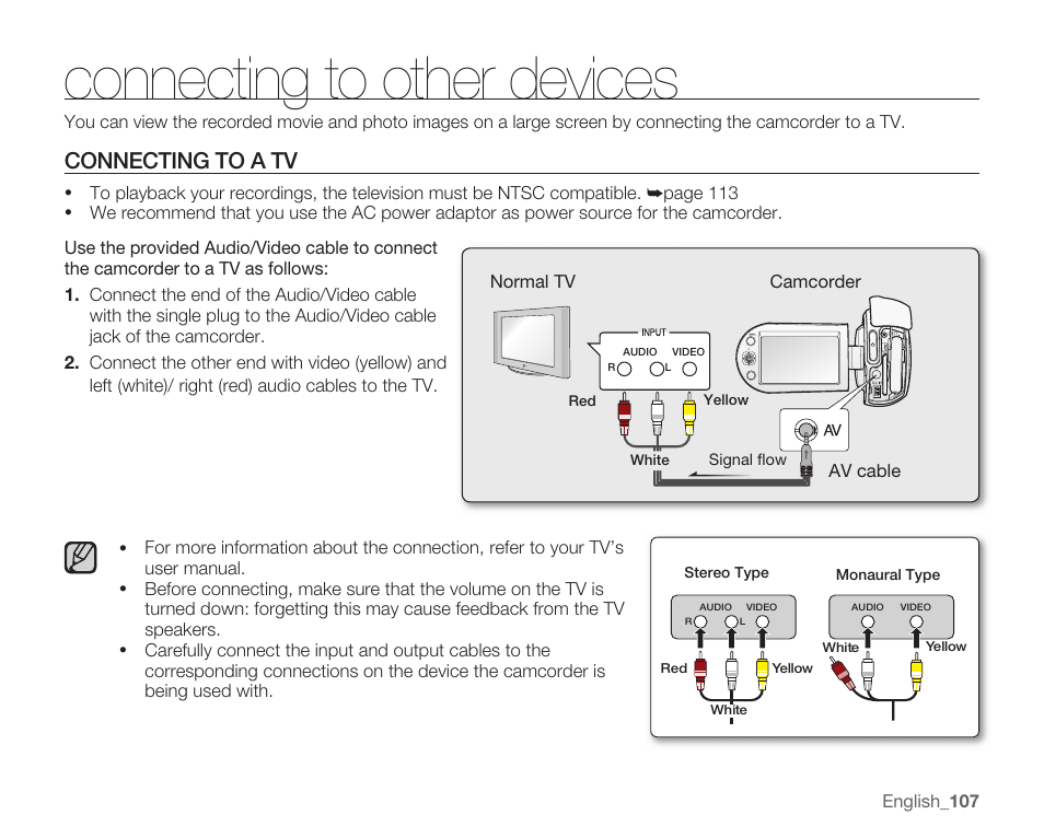 Connecting to other devices, Connecting to a tv | Samsung SMX-C10RN-XAC User Manual | Page 121 / 143