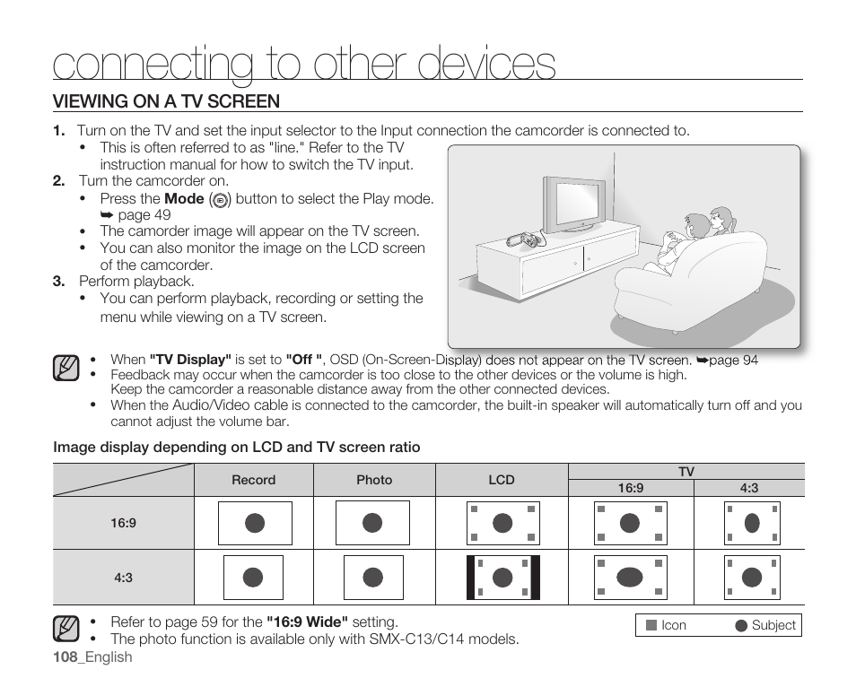 Viewing on a tv screen, Connecting to other devices, 108_ english | Audio/video cable, Image display depending on lcd and tv screen ratio | Samsung SMX-C10RN-XAC User Manual | Page 122 / 143