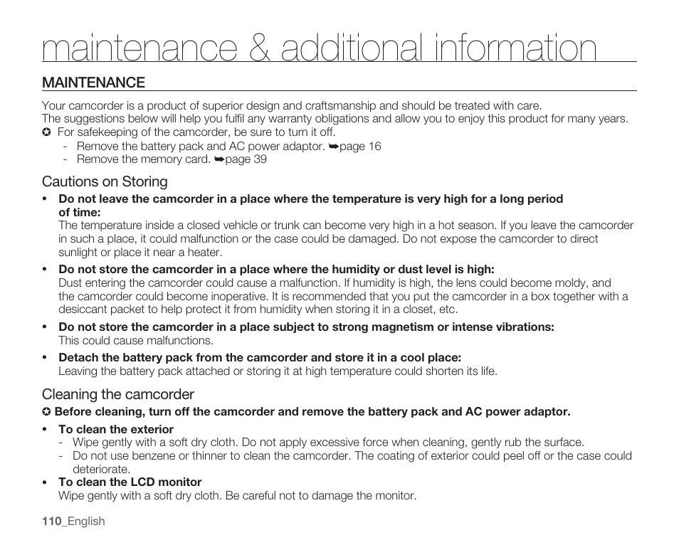 Maintenance & additional information, Maintenance | Samsung SMX-C10RN-XAC User Manual | Page 124 / 143