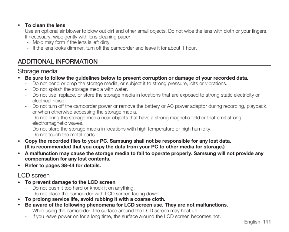 Additional information, Additional information storage media, Lcd screen | Samsung SMX-C10RN-XAC User Manual | Page 125 / 143