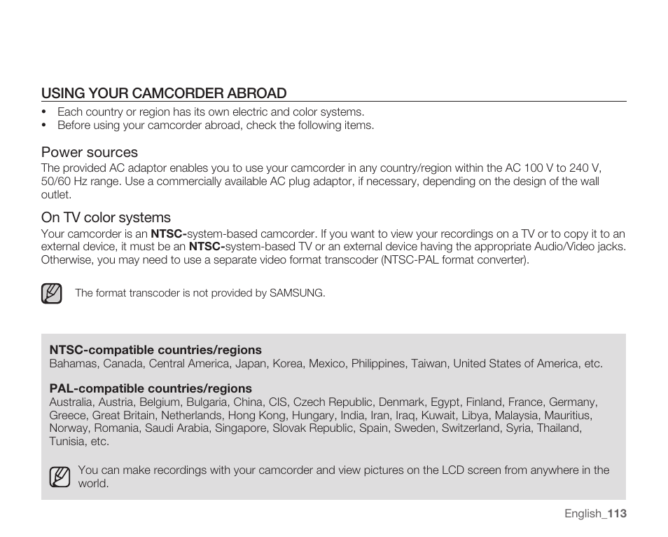 Using your camcorder abroad, Power sources, On tv color systems | Samsung SMX-C10RN-XAC User Manual | Page 127 / 143