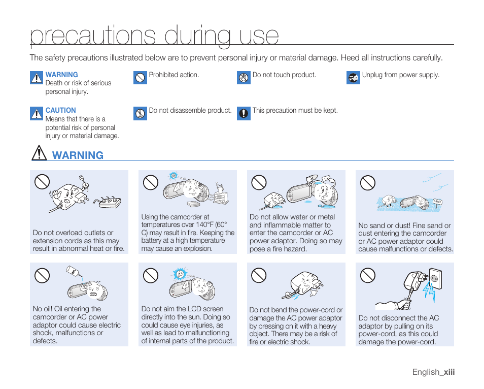 Precautions during use, Warning | Samsung SMX-C10RN-XAC User Manual | Page 13 / 143