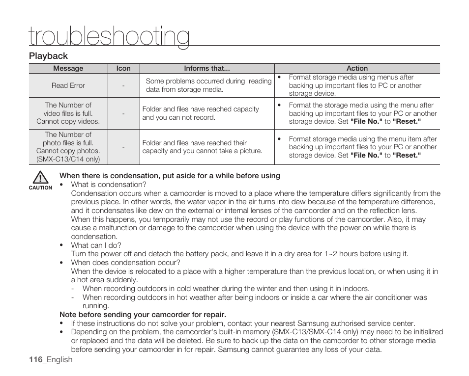 Troubleshooting | Samsung SMX-C10RN-XAC User Manual | Page 130 / 143