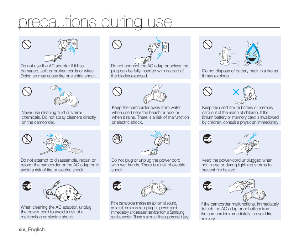 Precautions during use | Samsung SMX-C10RN-XAC User Manual | Page 14 / 143