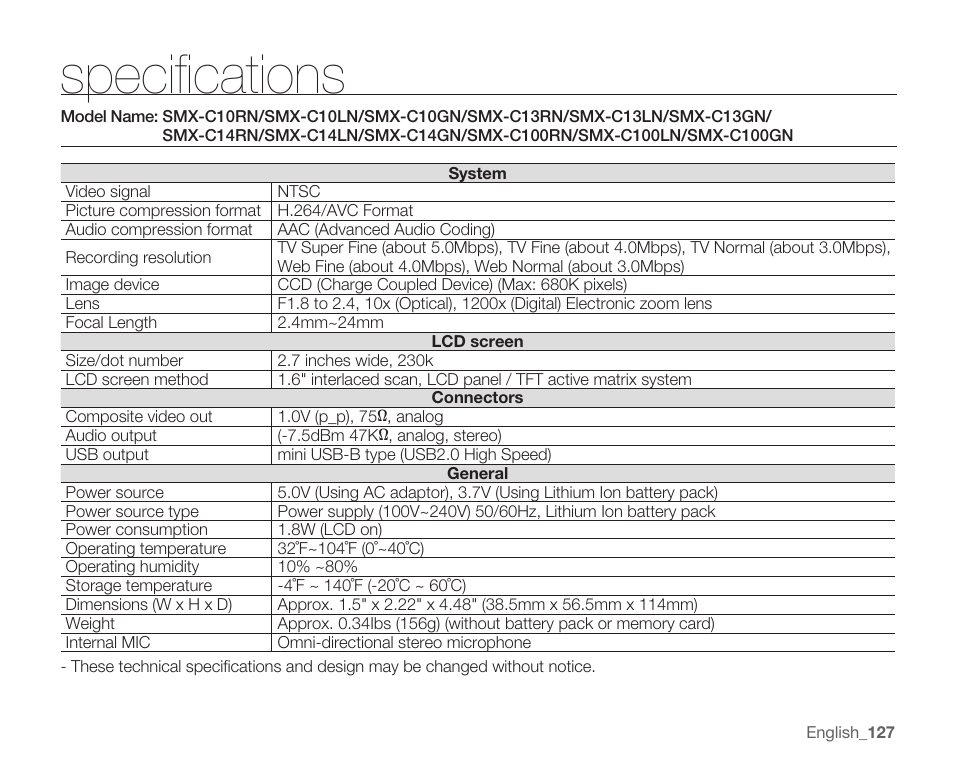 Specifications | Samsung SMX-C10RN-XAC User Manual | Page 141 / 143