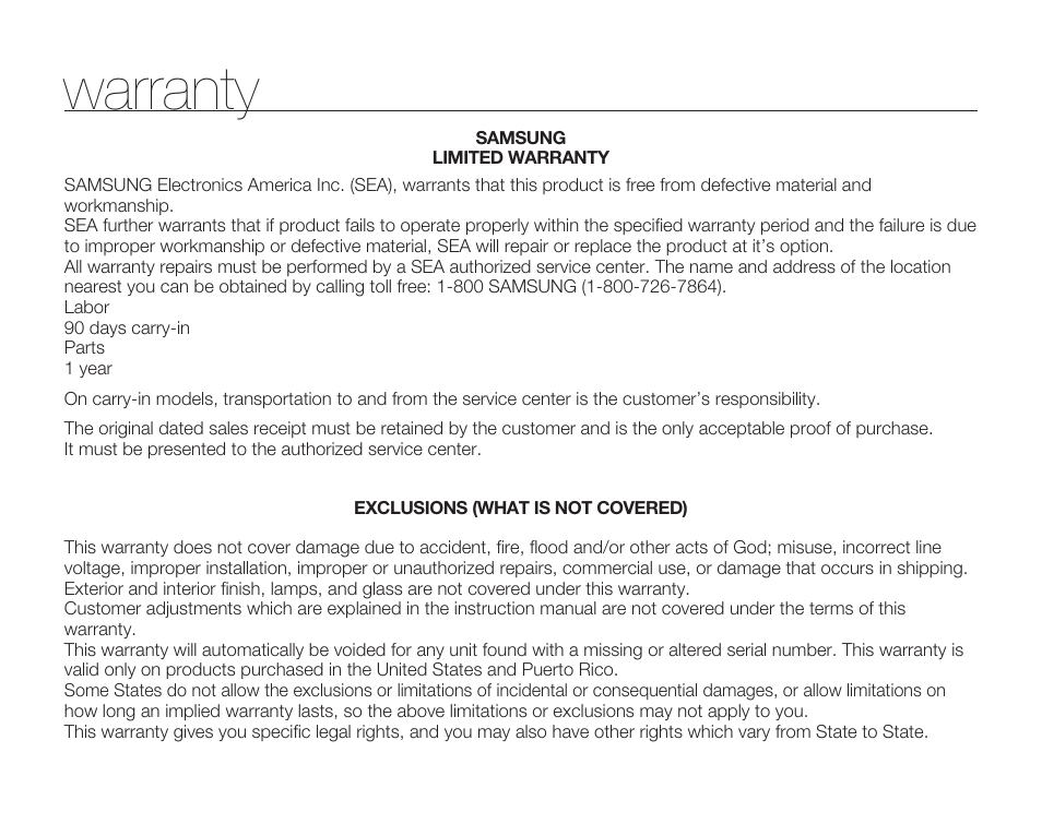 Warranty | Samsung SMX-C10RN-XAC User Manual | Page 142 / 143