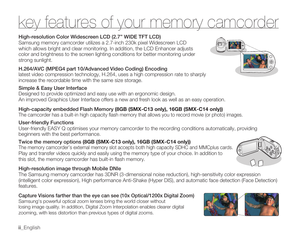 Key features of your memory camcorder | Samsung SMX-C10RN-XAC User Manual | Page 2 / 143