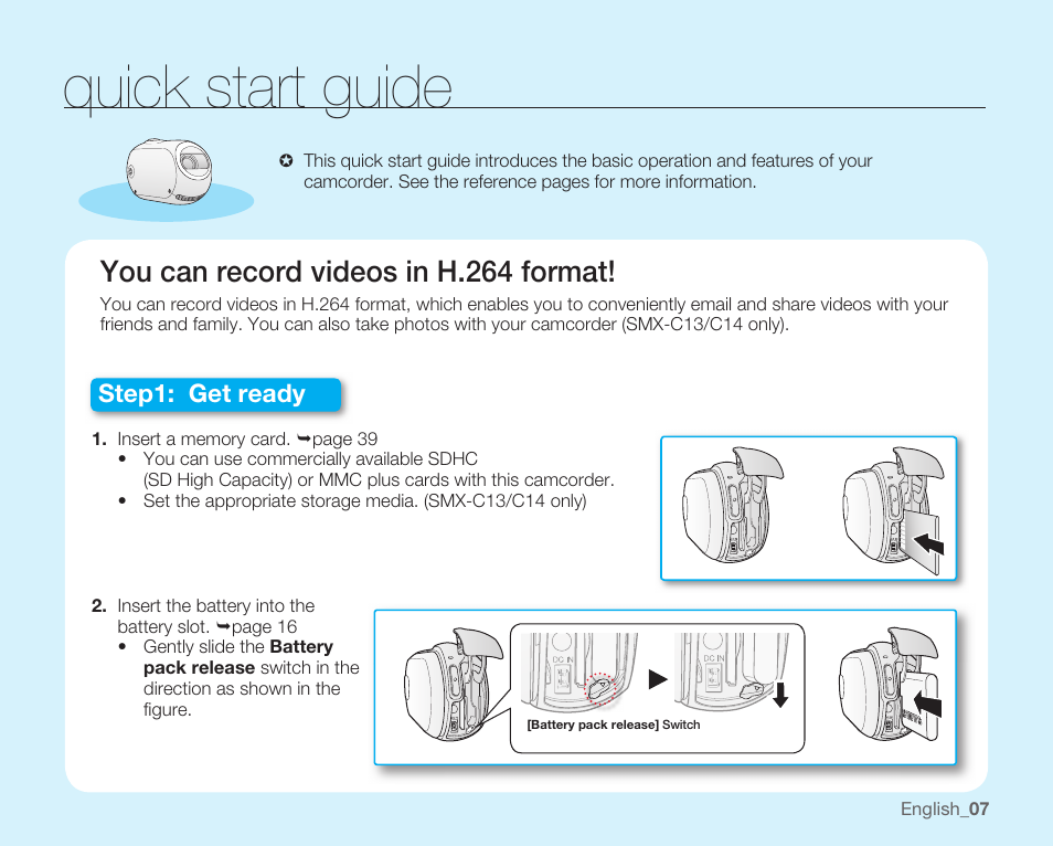 Quick start guide, You can record videos in h.264 format, Step1: get ready | Samsung SMX-C10RN-XAC User Manual | Page 21 / 143