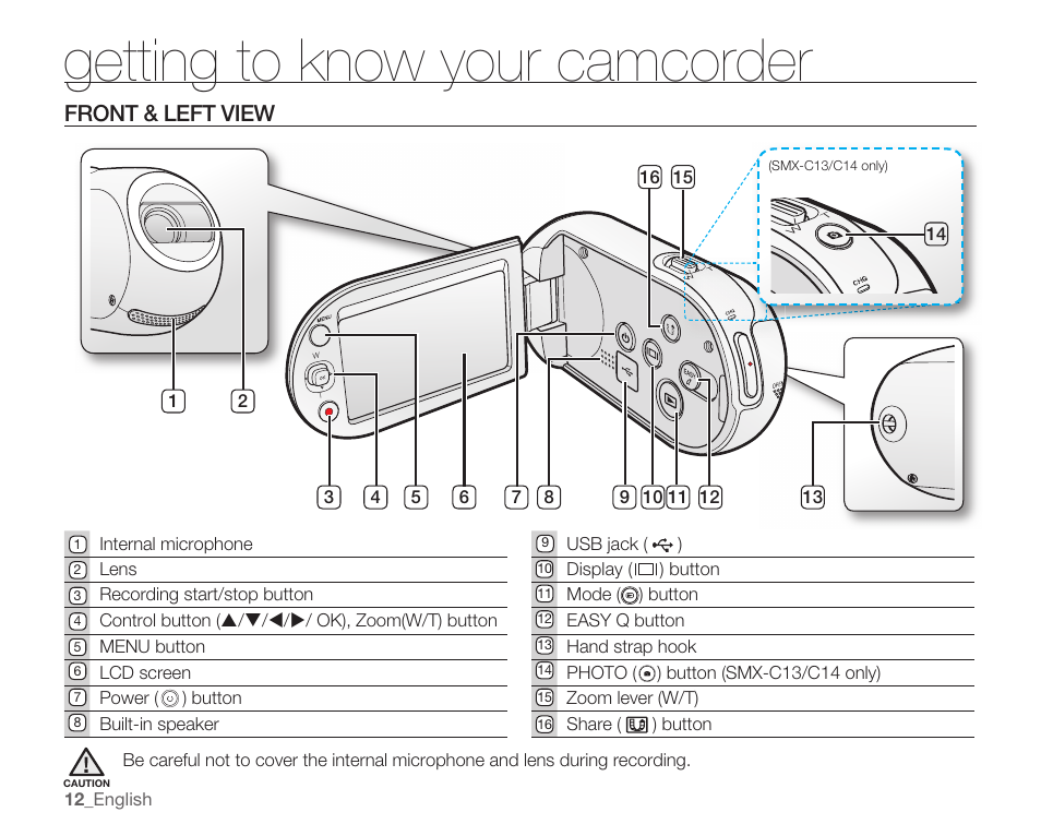 Front & left view, Getting to know your camcorder | Samsung SMX-C10RN-XAC User Manual | Page 26 / 143