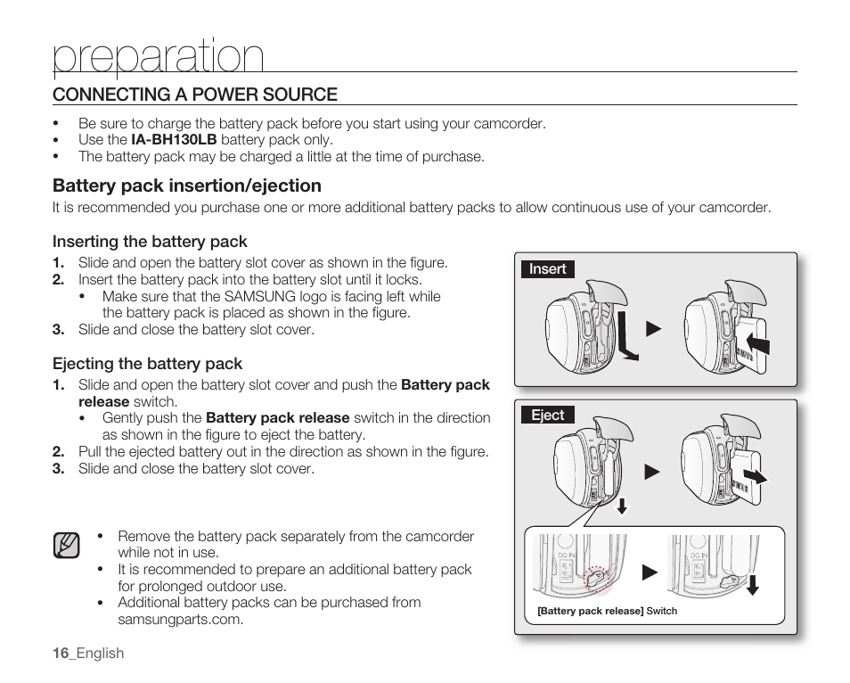 Connecting a power source, Preparation | Samsung SMX-C10RN-XAC User Manual | Page 30 / 143