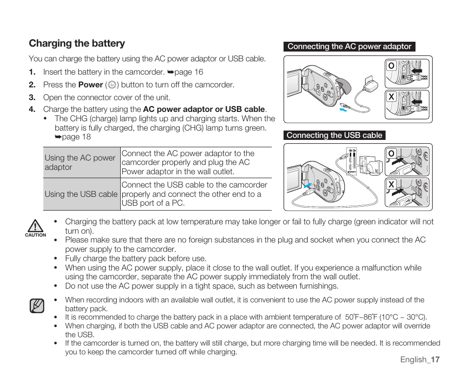 Charging the battery | Samsung SMX-C10RN-XAC User Manual | Page 31 / 143