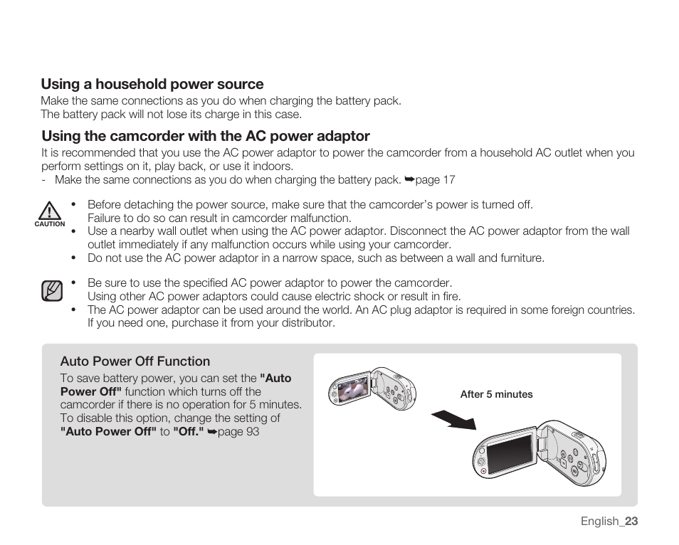 Using a household power source, Using the camcorder with the ac power adaptor | Samsung SMX-C10RN-XAC User Manual | Page 37 / 143