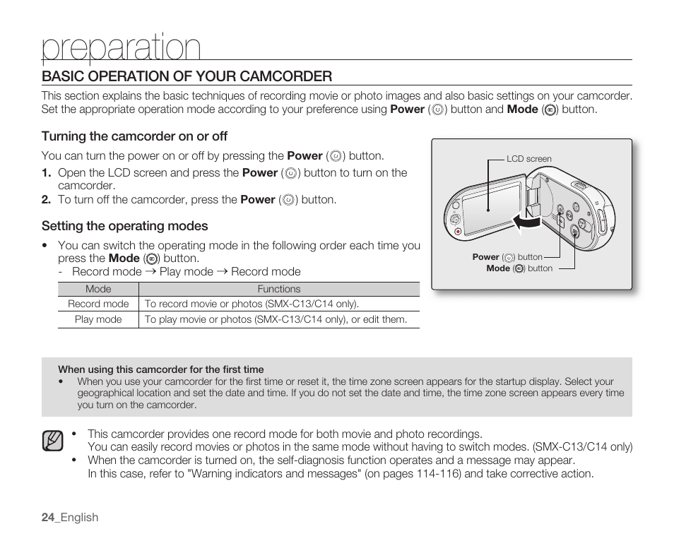 Basic operation of your camcorder, Preparation | Samsung SMX-C10RN-XAC User Manual | Page 38 / 143