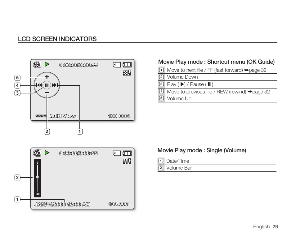 Lcd screen indicators, Movie play mode : shortcut menu (ok guide), Movie play mode : single (volume) | Samsung SMX-C10RN-XAC User Manual | Page 43 / 143