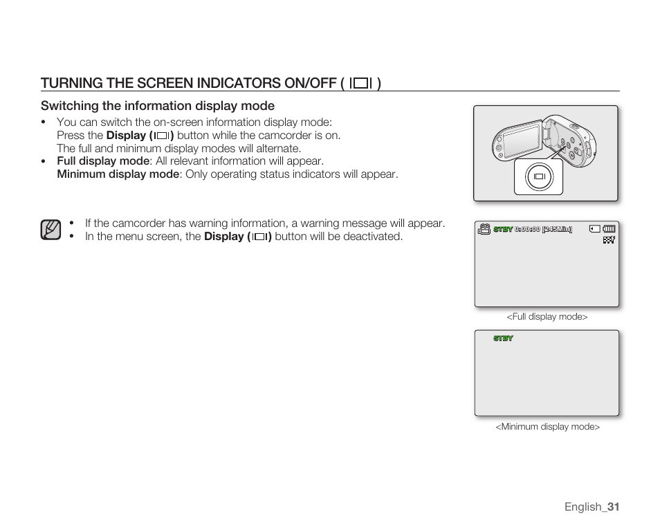 Turning the screen indicators on/off, Switching the information display mode | Samsung SMX-C10RN-XAC User Manual | Page 45 / 143