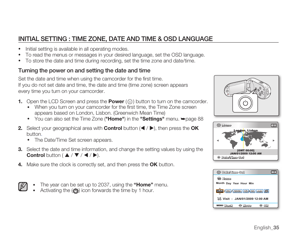 Turning the power on and setting the date and time, English _35 | Samsung SMX-C10RN-XAC User Manual | Page 49 / 143