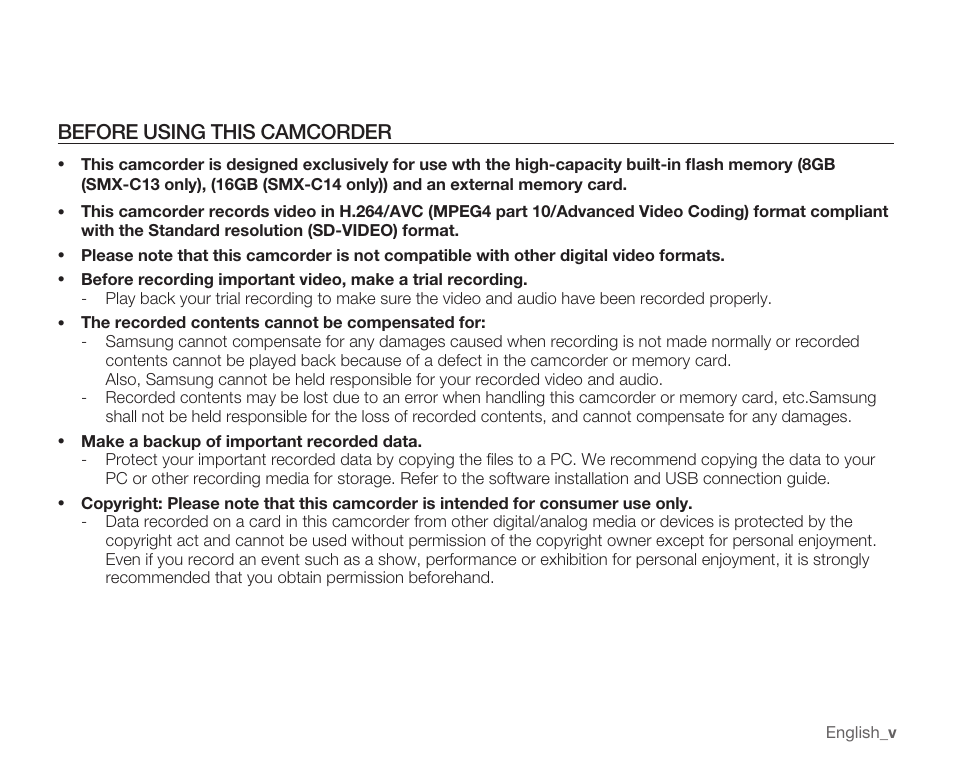 Before using this camcorder | Samsung SMX-C10RN-XAC User Manual | Page 5 / 143