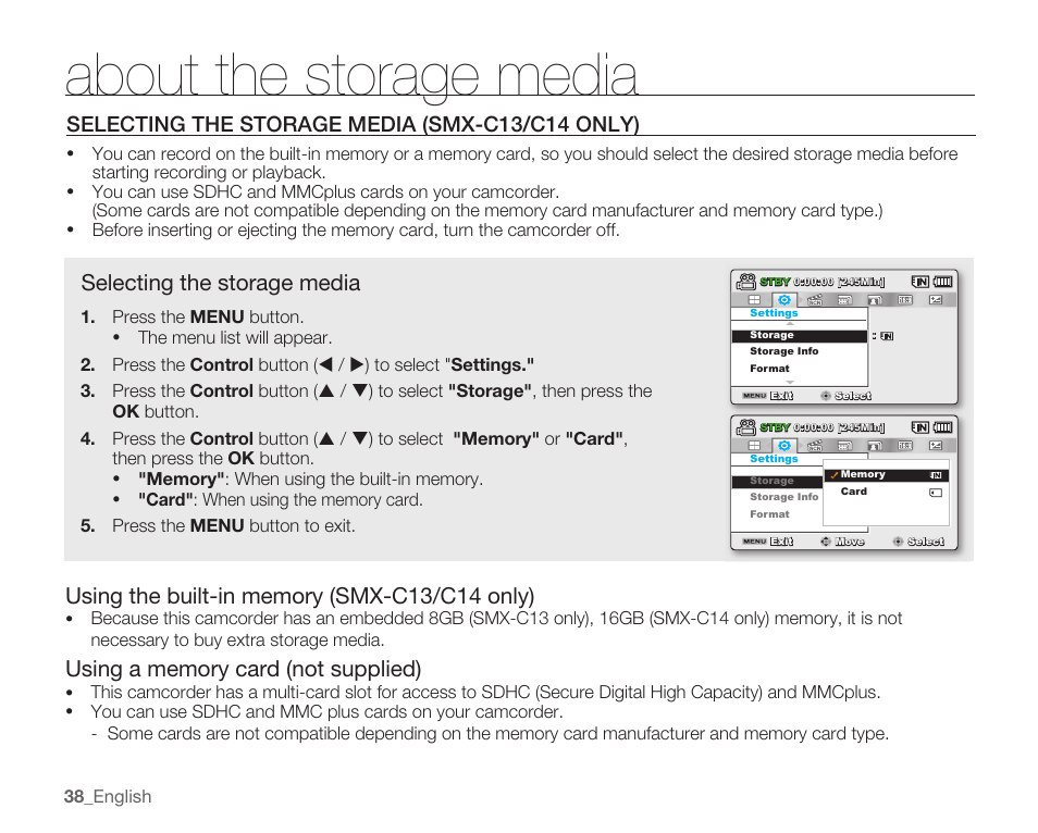 About the storage media, Selecting the storage media (smx-c13/c14 only), Selecting the storage media | Samsung SMX-C10RN-XAC User Manual | Page 52 / 143