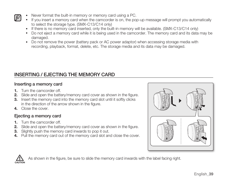 Inserting / ejecting the memory card | Samsung SMX-C10RN-XAC User Manual | Page 53 / 143