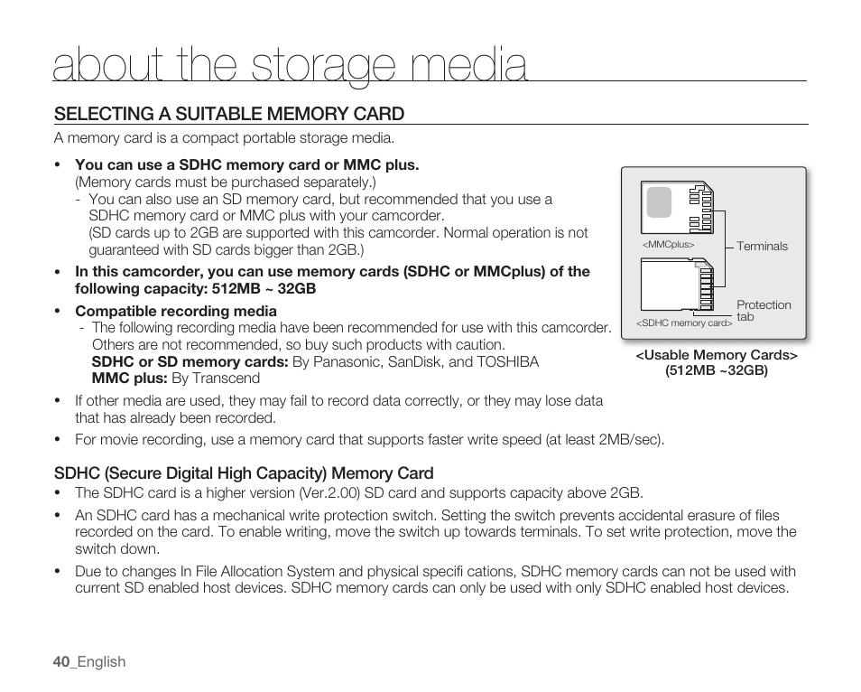 Selecting a suitable memory card, About the storage media | Samsung SMX-C10RN-XAC User Manual | Page 54 / 143