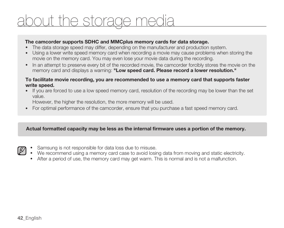 About the storage media | Samsung SMX-C10RN-XAC User Manual | Page 56 / 143