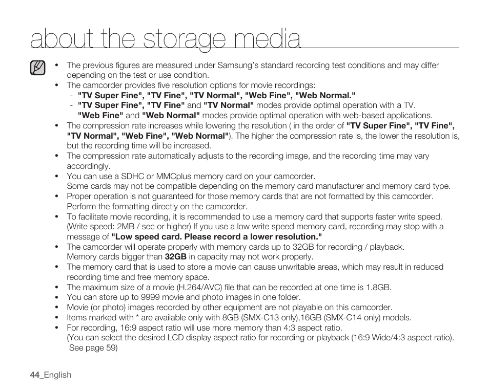 About the storage media | Samsung SMX-C10RN-XAC User Manual | Page 58 / 143