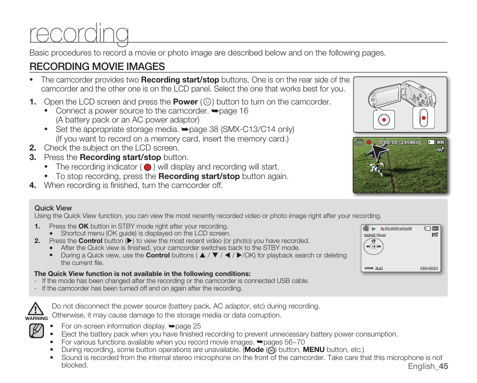 Recording, Recording movie images | Samsung SMX-C10RN-XAC User Manual | Page 59 / 143