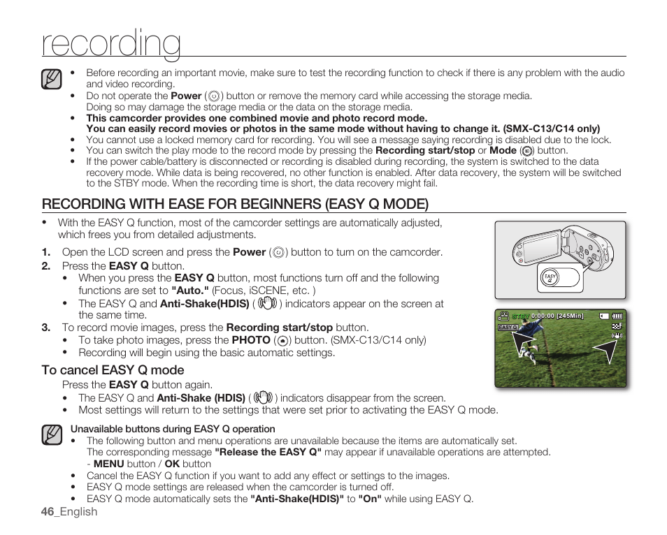 Recording with ease for beginners (easy q mode), Recording | Samsung SMX-C10RN-XAC User Manual | Page 60 / 143