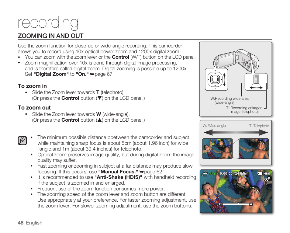 Zooming in and out, Recording | Samsung SMX-C10RN-XAC User Manual | Page 62 / 143