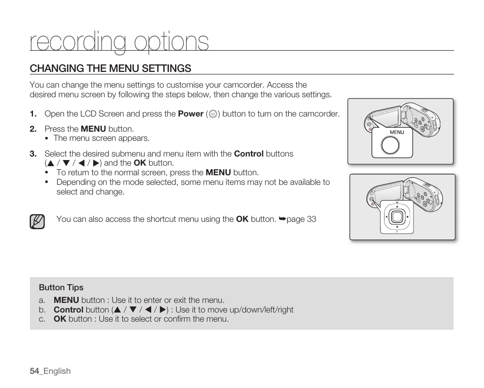 Recording options, Changing the menu settings | Samsung SMX-C10RN-XAC User Manual | Page 68 / 143