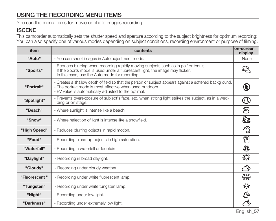 Using the recording menu items, Iscene, Scene | Samsung SMX-C10RN-XAC User Manual | Page 71 / 143