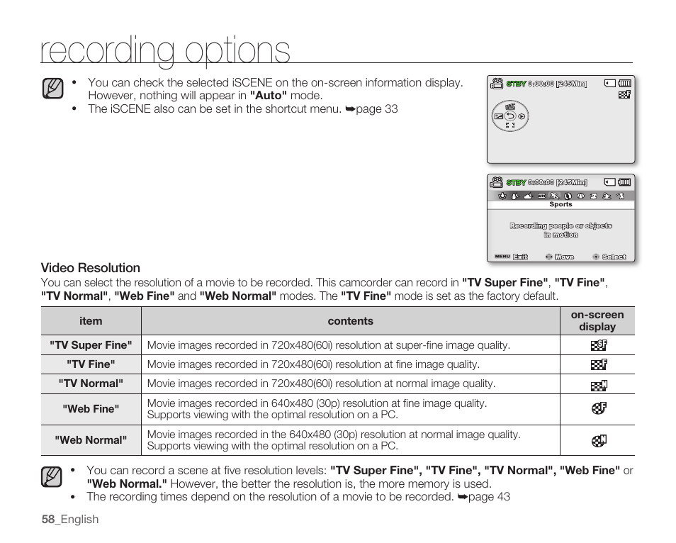 Video resolution, Recording options | Samsung SMX-C10RN-XAC User Manual | Page 72 / 143