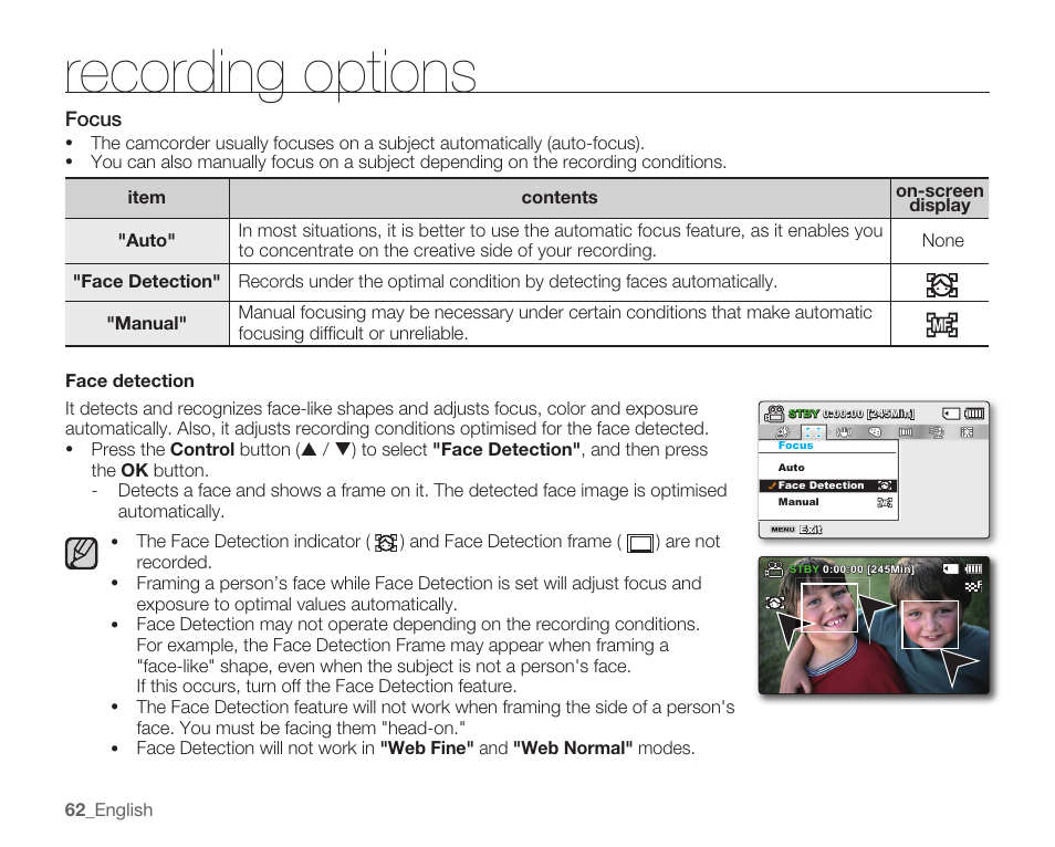 Focus, Recording options | Samsung SMX-C10RN-XAC User Manual | Page 76 / 143