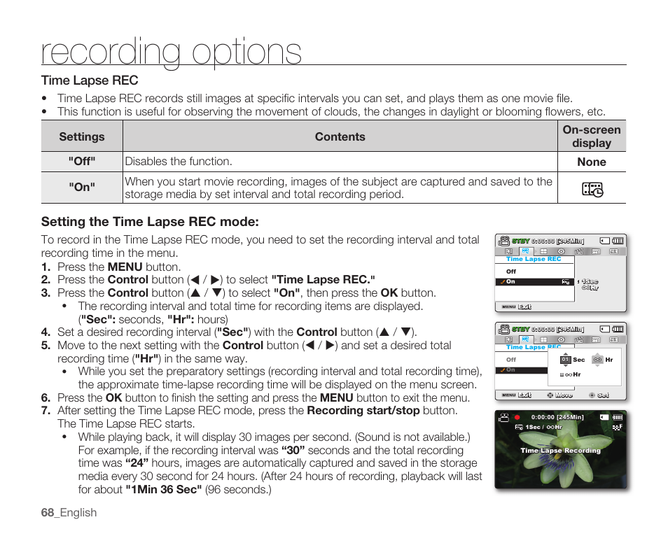 Time lapse rec, Recording options, Settingthetimelapserecmode | Samsung SMX-C10RN-XAC User Manual | Page 82 / 143