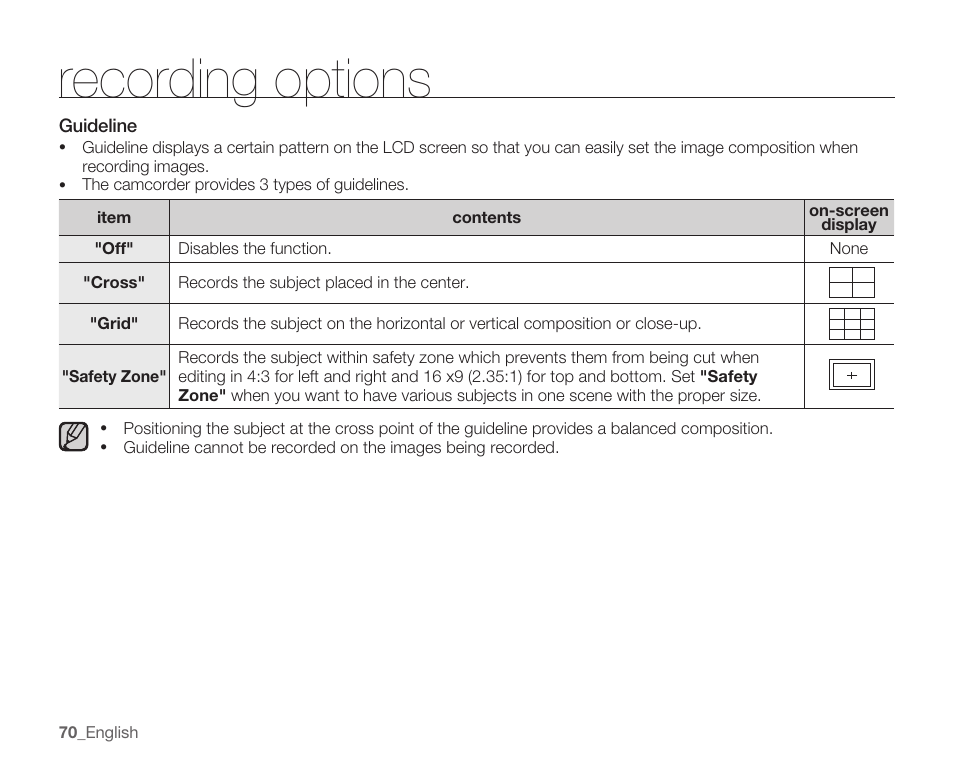 Guideline, Recording options | Samsung SMX-C10RN-XAC User Manual | Page 84 / 143