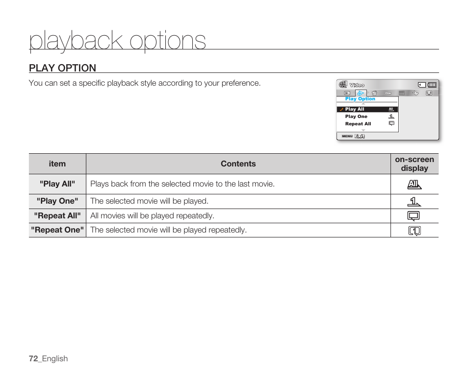 Play option, Playback options | Samsung SMX-C10RN-XAC User Manual | Page 86 / 143