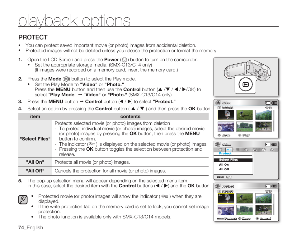 Protect, Playback options | Samsung SMX-C10RN-XAC User Manual | Page 88 / 143