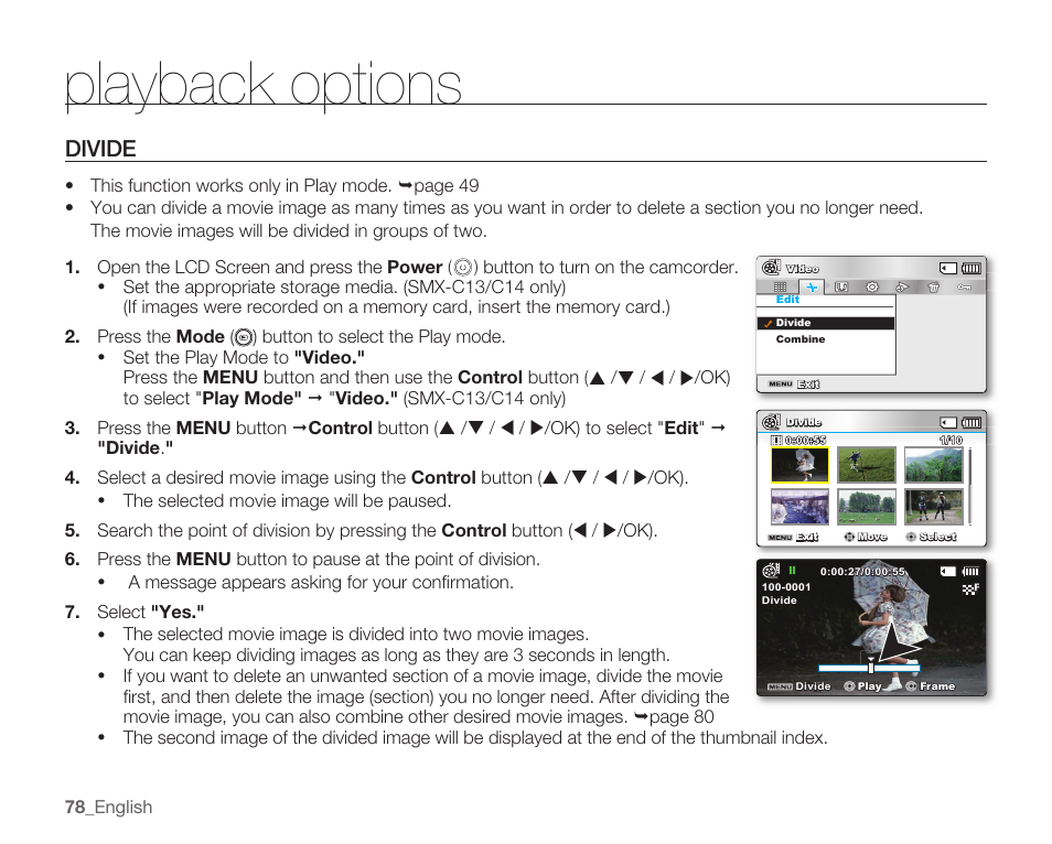 Divide, Playback options | Samsung SMX-C10RN-XAC User Manual | Page 92 / 143