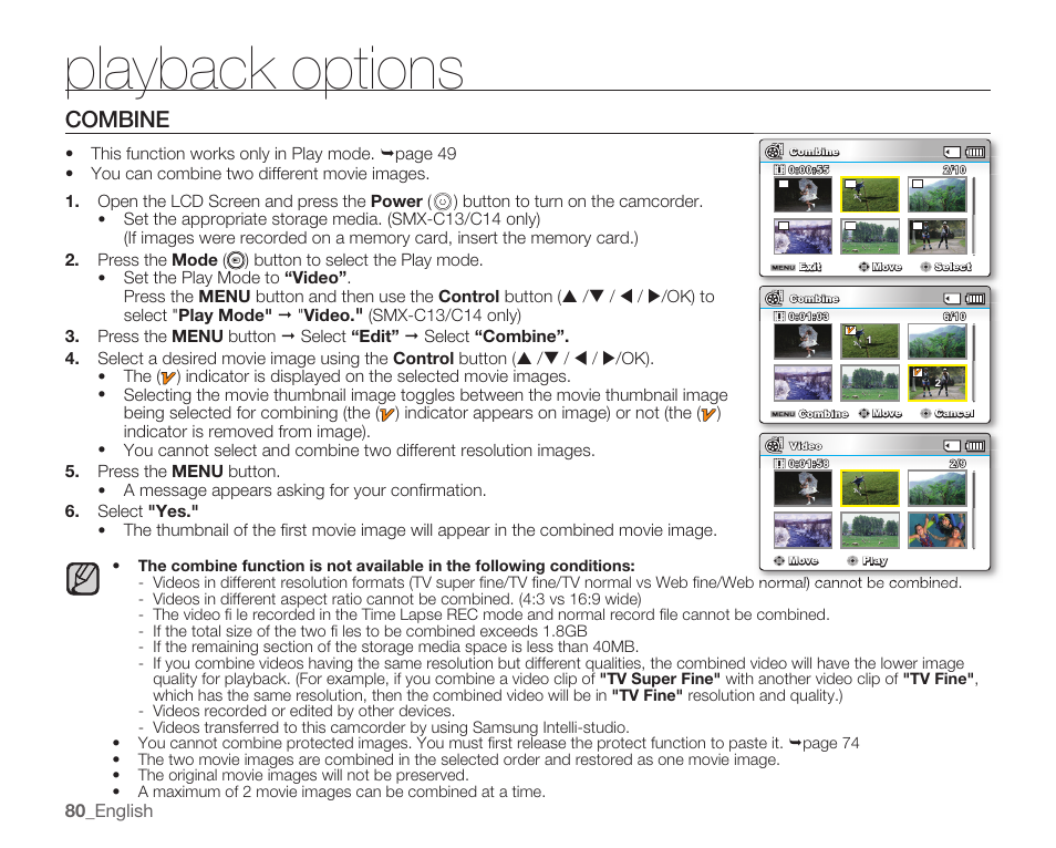 Combine, Playback options | Samsung SMX-C10RN-XAC User Manual | Page 94 / 143