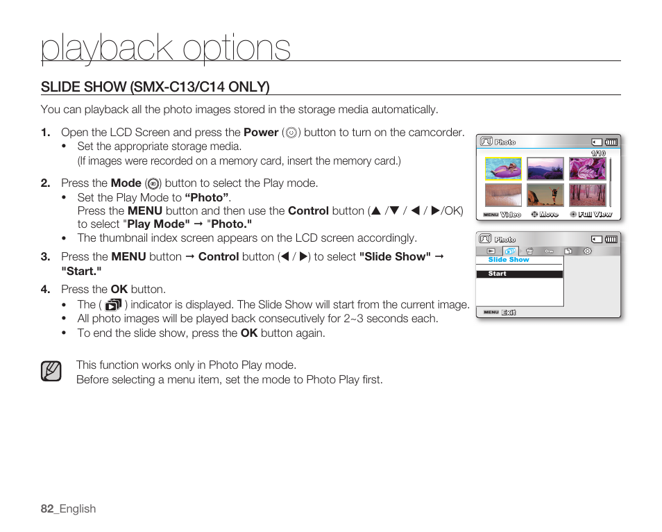 Slide show (smx-c13/c14 only), Playback options, Slide show | Smx-c13/c14 only) | Samsung SMX-C10RN-XAC User Manual | Page 96 / 143