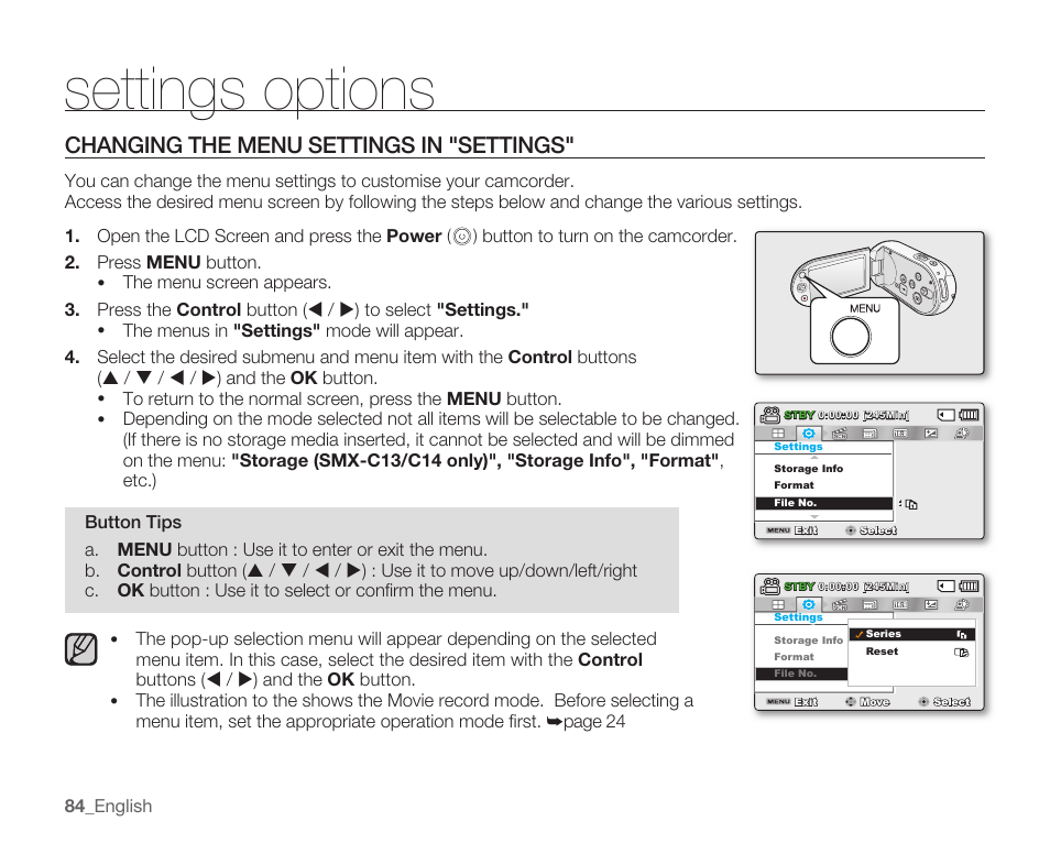 Settings options, Changing the menu settings in "settings | Samsung SMX-C10RN-XAC User Manual | Page 98 / 143