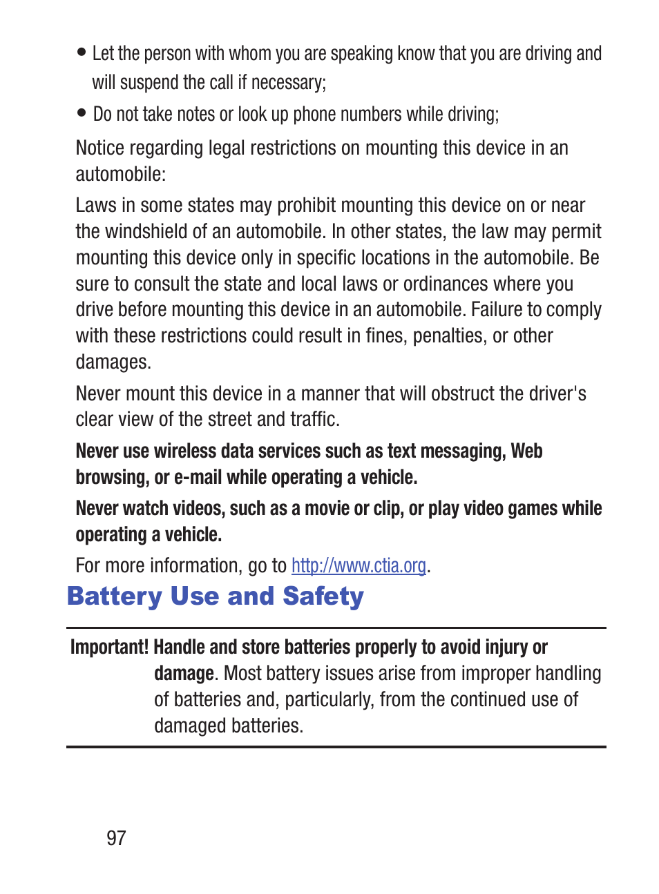 Battery use and safety | Samsung SGH-S275DAATFN User Manual | Page 102 / 144