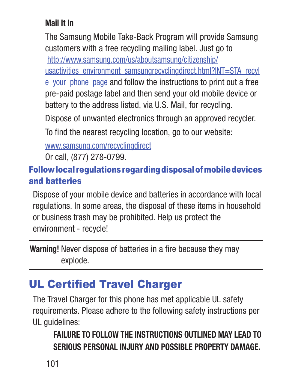 Ul certified travel charger | Samsung SGH-S275DAATFN User Manual | Page 106 / 144