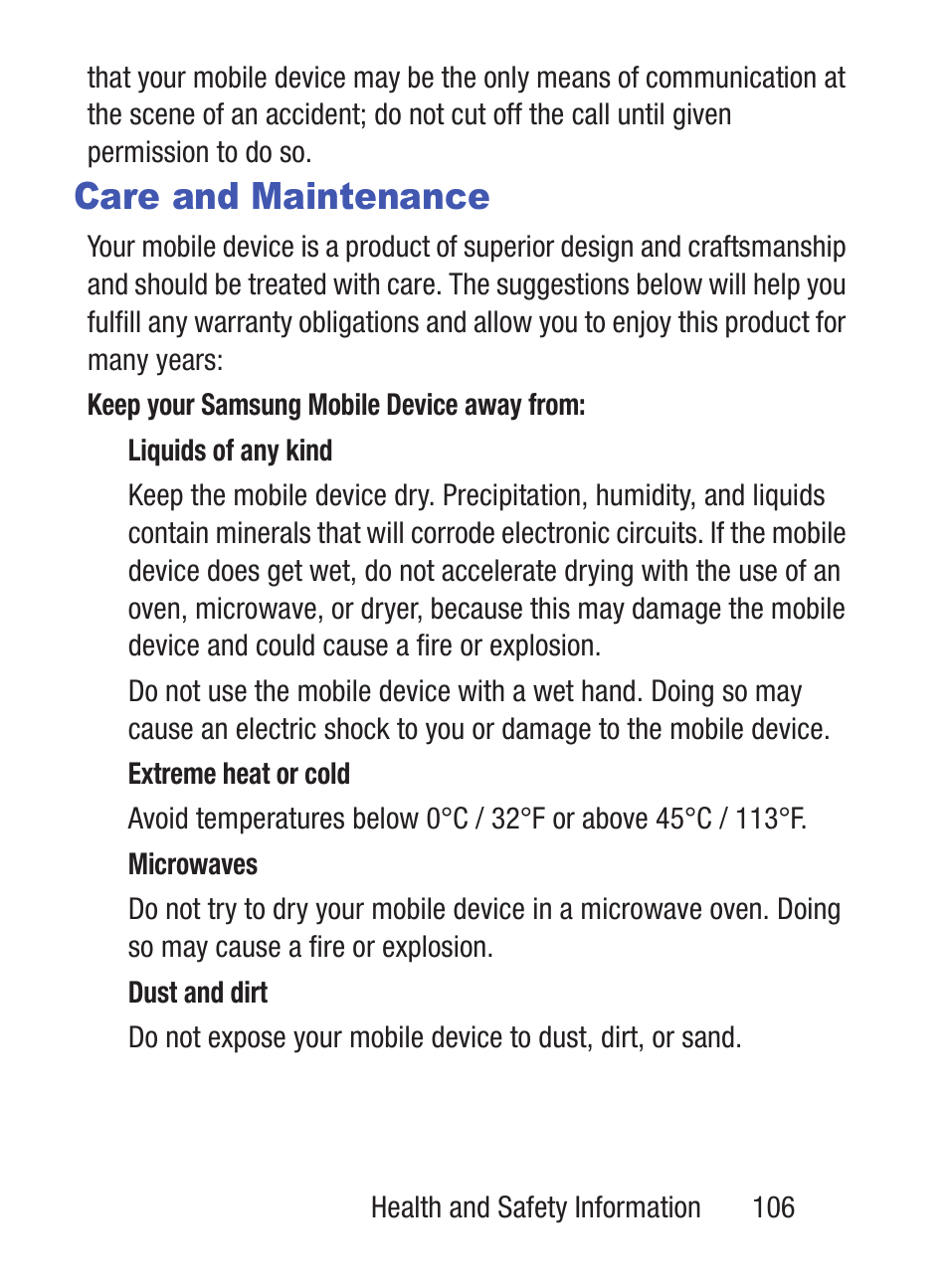 Care and maintenance | Samsung SGH-S275DAATFN User Manual | Page 111 / 144