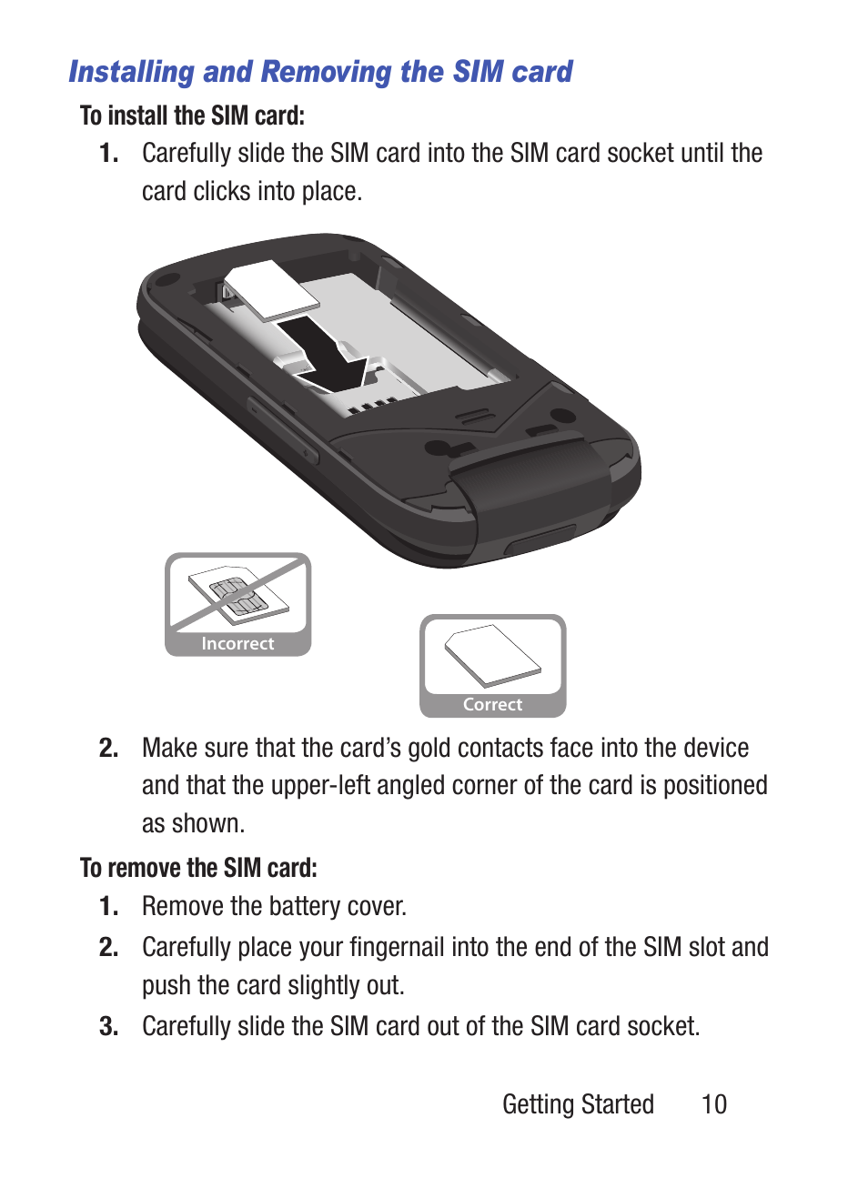 Installing and removing the sim card | Samsung SGH-S275DAATFN User Manual | Page 15 / 144