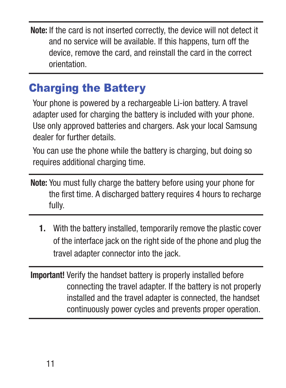 Charging the battery | Samsung SGH-S275DAATFN User Manual | Page 16 / 144